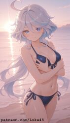 ai_generated beach bikini blue_bikini blue_eyes blush breast breast_grab female furina_(genshin_impact) genshin_impact girl hoyoverse large_hair long_hair luka45 mihoyo navel patreon patreon_reward patreon_url patreon_username smile smiling smiling_at_viewer standing sunset touching_breast white_hair