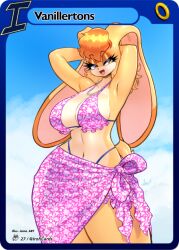 anthro arms_up beach belly_button bellybutton big_breasts bikini bikini_top breasts busty furry jamoart rabbit rabbit_girl skirt sonic_(series) tail thick_thighs vanilla_the_rabbit wide_hips