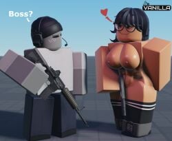 1boy 1girls 3d areolae baseplate breasts clothed_male dummu_(vanilla1145) gun koy_(vanilla1145) nipples nude_female original_character original_characters roblox robloxian tagme thighs vanilla1145 watermark