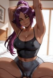 1girl 2024 ai_generated armpits black_tank_top bleach cameltoe clothed curvy curvy_body curvy_female curvy_figure dreamcoreart female female_focus female_only grey_shorts indoors long_hair looking_at_viewer non-nude one_arm_up ponytail posing posing_for_the_viewer purple_hair seductive seductive_look seductive_smile sfw shihouin_yoruichi short_shorts sitting smile smiley_face solo solo_female solo_focus spread_legs stretching tank_top thick_thighs voluptuous voluptuous_female wide_hips yellow_eyes