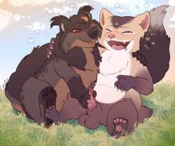 animal_genitalia animal_penis anthro arm_on_shoulder balls binturong capcom duo erection genitals grass handjob heart_symbol korwin male mammal monster_hunter nude open_mouth pariahpuppy pawpads penile penile_spines penis plant sex smile tail viverrid wudwud