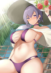 2020 adjusting_clothes adjusting_headwear azur_lane bangs bare_shoulders bikini breasts choker collarbone cross-laced_bikini cross-laced_clothes earrings female flower grey_hair hair_between_eyes hammock hat highres houraku jewelry large_breasts large_hat long_hair looking_at_viewer navel outdoors palm_tree ponytail purple_bikini purple_eyes reno_(azur_lane) reno_(summer_spin-off)_(azur_lane) rose shawl sideboob skindentation solo sun_hat swimsuit tree wristband