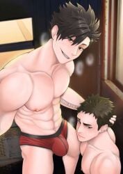 2boys abs black_eyes black_hair blush haikyuu!! kuroo_tetsurou male male/male muscles muscular muscular_male nipples onglai87 pecs pectorals pink_nipples red_underwear sawamura_daichi sweat teenager yaoi young younger_male