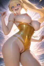 1girls ai_generated beach big_breasts blonde_hair blue_eyes blush breasts breasts_out cleavage darkness_(konosuba) embarrassed excited exposed_breasts exposed_pussy female female_only horny kono_subarashii_sekai_ni_shukufuku_wo! large_breasts leotard leotard_aside light-skinned_female light_skin nipples one-piece_swimsuit open_mouth patreon_username penguih pussy shy solo storm strap_slip swimsuit tornado vagina water wet yellow_swimsuit