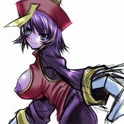 capcom clothing darkstalkers geung_si hat hsien_ko jiangshi large_breasts lei-lei lei_lei nipple_slip nipples purple_hair purple_skin short_hair smile tansuke