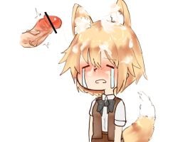 1boy animal_ear_fluff animal_ears bar_censor black_bow black_bowtie blonde_hair blush bow bowtie brown_vest censored closed_eyes collared_shirt commentary_request cookie_(touhou) crying cum cum_on_hair female fox_ears fox_girl fox_tail highres miramikaru_riran open_clothes open_mouth open_vest penis shirt short_sleeves simple_background solo_focus straight streaming_tears tail tears unimamo upper_body vest white_background white_shirt
