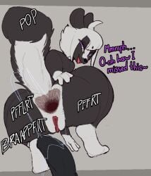 after_anal anal anthro anus color_coded_text dark_body dialogue dildo dildo_insertion dildo_sitting female gape_fart gaping gaping_anus holding_butt mammal mephitid multicolored_body penetration purple_eyes samantha_(bateryne) sex_toy sex_toy_insertion skunk solo tail trufzn two_tone_body