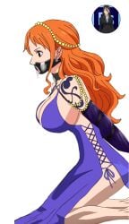armbinder blue_dress bondage bondage bound breasts captured captured_heroine collar dress femsub gag hair kneeling kyabakurabakufu light-skinned_female light_skin long_hair nami_(one_piece) on_knees one_piece open_mouth orange_hair restrained ring_gag solo solo_female solo_focus tongue tongue_out