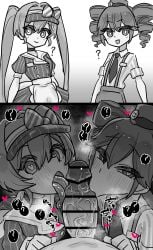 1boy 2d 2d_(artwork) 2girls :>= black_and_white blowjob blowjob_face censored censored_penis clothed clothed_female clothed_female_nude_male clothing cooperative_fellatio double_fellatio fellatio female female_focus greyscale hat hatsune_miku heart heart-shaped_pupils heart_symbol hearts_around_head huge_cock hypnosis kasane_teto kasane_teto_(sv) licking licking_penis male mesmerizer_(vocaloid) mesmerizer_miku mesmerizer_teto mv_character nude nude_male oral oral_sex penis question_mark questionable_consent reloco straight twin_drills twintails utau vocaloid