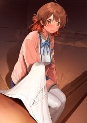 1boy a1_(initial-g) ahoge bed blue_ribbon blue_skirt blush breasts brown_eyes brown_hair bulge cardigan closed_mouth collared_shirt commentary_request erection female gakuen_idolmaster gradient_hair hair_bun hanami_ume highres idolmaster indoors long_sleeves male_pubic_hair male_underwear medium_breasts multicolored_hair neck_ribbon on_bed open_cardigan open_clothes panties pink_cardigan pubic_hair ribbon school_uniform shirt single_side_bun sitting skirt steaming_body thighhighs thighs underwear unworn_panties variant_set white_male_underwear white_shirt white_thighhighs