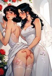 2girls ai_generated charv female fingering from_behind kaori_(charv) lesbian_marriage lesbian_wedding long_hair married_couple selene_(charv) short_hair wedding_dress wedding_veil wife_and_wife yuri yuri_wedding