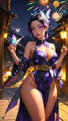 0assult0 1girls ai_generated anime anime_girl attractive babe bare_legs bare_shoulders beautiful belt black_hair black_panties blue_butterfly breasts buildings busty_female butterfly_hair_ornament city_background cleavage_cutout curvy cute demon_slayer dress exorcist fantasy female_only fireworks golden_belt golden_week holidays japan japanese_architecture kochou_shinobu lamp night panties party party_dress posing purple_eyes realistic samurai sexy thick_thighs wood wooden_floor young