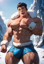 abs ai_generated arctic avatar_the_last_airbender bara bara_tiddies bara_tits bare_chest biceps big_biceps big_muscles blue_sky bolin bulge bulging_biceps chest_exposed defined_muscles grabbing_own_breast hand_on_chest male male_focus male_only muscles muscular muscular_male nuktuk pec_grab pecs revealing_clothes slutty_clothes smiling snow squeezing_pecs the_legend_of_korra tribal_clothing water_tribe yaoi