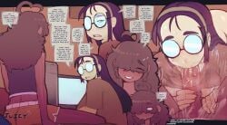 1boy braces buck_teeth english_text fellatio female freckles glasses hairband highres jimiko long_hair male opaque_glasses oral original partially_opaque_glasses penis purple_hair round_eyewear straight teeth zamoshvik
