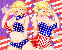 2girls alfred_jones america_(hetalia) american_flag american_flag_bikini arthur_kirkland axis_powers_hetalia beige_skin blue_eyes breasts cameltoe clothes color england_(hetalia) eyewear female female_only front_view glasses human looking_at_viewer multiple_females multiple_girls nyo!america nyotalia ok_sign round_ears rule_63 short_hair smile standing wink