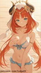 accessories accessory ai_generated beach bikini blue_eyes blush breast breast_grab female genshin_impact girl horns hoyoverse large_hair long_hair luka45 mihoyo navel nilou_(genshin_impact) patreon patreon_reward patreon_url patreon_username red_hair smile smiling smiling_at_viewer standing sunset touching_breast