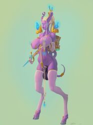 animal_genitalia animal_genitalia_on_humanoid balls big_breasts blizzard_entertainment breasts clothing digitigrade draenei fully_sheathed futanari genitals green_background gynomorph hi_res hooves humanoid intersex legwear nipple_piercing nipples piercing purple_body purple_skin santafire sheath simple_background solo standing thigh_highs touching_breast warcraft