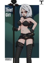 1girls belt belts boots bra comic comic_page comic_panel fanart female gloves lance navel only_female original_character red_eyes shorts silver_hair socks spear thief_girl thighs tony_x_play tonyxplay