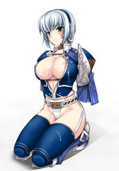 1girls aqua_eyes areola_slip areolae armor azul_(armor) bangs belt beltbra blue_legwear blush breast_suppress breasts checkered choker cleavage crop_top cum cum_on_body cum_on_breasts cum_on_clothes cum_on_hair cum_on_lower_body cum_on_upper_body cumdrip earrings elbow_gloves embarrassed erect_nipples facial female frown garter_straps gloves greaves hairband hoop_earrings jewelry kizuki_aruchu kneeling large_breasts looking_at_viewer midriff monster_hunter mound_of_venus navel necklace no_bra no_pants open_clothes open_shirt panties print_panties shadow shirt short_hair simple_background solo strap thighhighs thighs underwear white_hair white_panties wide_hips