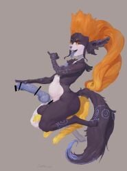 alternate_species animal_genitalia animal_penis anthro balls breasts brown_background canid canine canine_genitalia canine_penis canis censored digitigrade fellatio_gesture fur furrification genitals gesture grey_body grey_fur gynomorph hand_on_penis hi_res intersex knot mammal midna nintendo nipples penis santafire short_stack simple_background small_breasts solo suggestive suggestive_gesture the_legend_of_zelda thick_thighs tongue tongue_out twilight_princess white_body white_fur wolf