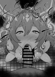 1boy 1girls :>= animal_ears atelier_(series) atelier_yumia bare_shoulders big_penis black_and_white blush censored detailed_background drooling erect_nipples eyelashes fellatio female heart humanoid indoor inside interspecies kneeling kurotama lenja licking long_hair looking_at_viewer male male_pov oral oral_sex penis pov room saliva shiny shiny_skin sketch small_breasts sound_effects squatting sweat text tied_hair tongue_out vein veins veiny veiny_penis video_games