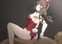 1boy aji_n alternate_costume ass blush bowtie breasts brown_eyes brown_hair clothed_female_nude_male clothed_sex dark-skinned_male female female_on_top femdom from_behind girls_und_panzer happy happy_sex implied_sex interrupted leotard looking_at_another looking_back mature_female medium_breasts milf nude playboy_bunny rabbit_ears rabbit_tail reverse_cowgirl_position ribbon sex sex_from_behind shimada_chiyo sitting_on_person smile straight