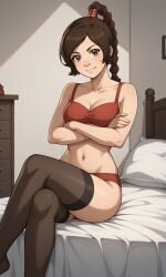 ai_generated ass avatar_legends avatar_the_last_airbender bigmic145 bra braid braided_hair braided_ponytail breasts clothed clothed_female clothing midriff navel nickelodeon panties solo solo_female tease teasing thigh_highs thighhighs ty_lee