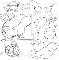 anthro belly big_belly dialogue dinosaur duo eye_roll feet full_tour genitals hi_res inside_intestines larger_pred looking_pleasured male male/male mammal monochrome mustelid nude_prey open_mouth otter pandottermon penis prehistoric_species prostate reptile rumbling_stomach safe_vore scalie size_difference speech_bubble teeth tongue tongue_out vore
