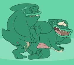 2_fingers 2_toes absurd_res amphibian anal anal_orgasm anal_sex anthro anus aroused aroused_face aroused_male aroused_smile ass bite biting_lip bob-jiggles bodily_fluids closed_eyes cum cum_in_ass cum_inside cum_on_ground cumshot dhx_media duo ejaculation erection feet fingers foot_on_leg frag_(king) genital_fluids genitals green_background green_body half-closed_eyes hand_on_ground hands-free hi_res holding_another holding_up holding_up_other_character inner king_(2003) lips looking_pleasured lying male markings narrowed_eyes on_bottom on_side open_mouth orgasm orgasm_face penetration penis rounded_teeth short_tail simple_background spots spotted_body spotted_markings standing tail teeth teeth_showing thick_lips toes tongue wildbrain