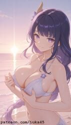 ai_generated beach bikini blush bra breast breast_grab female flower genshin_impact girl hair_ornament hoyoverse long_hair luka45 mihoyo navel patreon patreon_reward patreon_url patreon_username purple_eyes purple_hair raiden_ei raiden_shogun smile smiling smiling_at_viewer standing sunset touching_breast