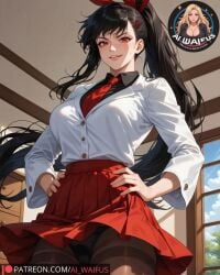 1girls ai_generated ai_waifus_ black_hair fully_clothed ha_yuri_jahad large_breasts panties ponytail red_eyes skirt_up sole_female tower_of_god