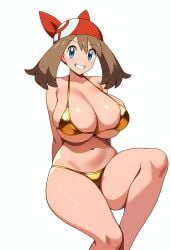 absurd_res ai_generated anime_style big_breasts bikini bikini_bottom bikini_top brown_hair cleavage female flag gamefreak gloves gold_bikini hand_on_hip high_res huge_breasts human large_breasts may_(pokemon) nintendo pokemon pokemon_(anime) smile