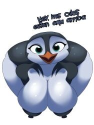 absurd_res anthro ass avian beak big_breasts big_butt big_nipples bird black_nipples blue_eyes breasts female happy hi_res huge_breasts lani_aliikai looking_at_viewer nipples nude nude_anthro nude_female penguin smile smiling_at_viewer solo spanish_text surf's_up text thelordjoshua1 thick_thighs wide_hips