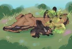 absurd_res animal_genitalia anus ass balls blush canid canine duo fart fart_cloud fart_fetish feral fox fur genitals hi_res korwin mammal nude onomatopoeia outside pariahpuppy sheath size_difference sleeping sound_effects tail text
