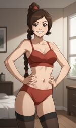 ai_generated ass avatar_legends avatar_the_last_airbender bigmic145 bra braid braided_hair braided_ponytail breasts clothed clothed_female clothing midriff navel nickelodeon panties solo solo_female tease teasing thigh_highs thighhighs ty_lee