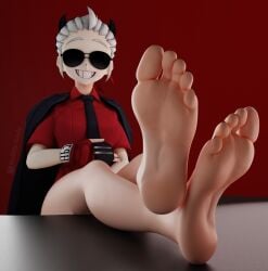 3d_(artwork) black_nails clothed clothing colored_nails demon digital_media_(artwork) eyewear feet female fingerless_gloves fingers foot_fetish foot_focus foot_on_table footwear furniture gloves hair handwear helltaker hi_res high_heels horn human humanoid humanoid_feet justice_(helltaker) looking_at_viewer mammal n00b-body nails necktie not_furry pedicure plantigrade red_clothing red_shirt red_topwear shirt shoes simple_background smile soles solo sunglasses table toes topwear white_hair wide_hips