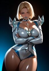 1girls ai_generated arms_crossed blonde_female blonde_hair blue_eyes blue_lips blue_lipstick blue_nails bob_cut choker crystal earrings emma_frost emma_frost_(marvel_rivals) female half-closed_eyes knee_boots large_breasts leotard lipstick long_sleeves looking_at_viewer marvel marvel_comics marvel_rivals parted_lips shiny_skin short_hair shoulder_armor smile smirk snazzdaz snazzle stable_diffusion thick_thighs watermark white_leotard x-men