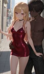 ai_generated blonde_hair cleavage dark-skinned_male dress female interracial kitagawa_marin nsfwscout sono_bisque_doll_wa_koi_wo_suru