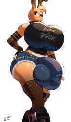 absurd_res alternative_fashion anthro balls_outline big_bulge blue_eyes bottomwear breasts bulge clothing collar denim denim_bottomwear denim_clothing detailed_bulge english_text eyelashes fingerless_gloves fishnet_clothing fishnet_gloves fishnet_handwear fishnet_legwear furry futa_solo futanari genital_outline gloves goth gynomorph hand_on_hip handwear hi_res huge_bulge hyper hyper_bulge intersex jeans lagomorph legwear lemon_popper leporid looking_at_viewer low-angle_view mammal pants profanity rabbit solo speech_bubble spiked_collar spikes tohilewd torn_bottomwear torn_clothing torn_jeans torn_pants under_boob
