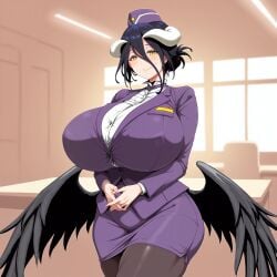 ai_generated albedo_(overlord) black_hair black_pantyhose blush breasts curvy desk female formal gigantic_breasts horns huge_breasts indoors jacket long_sleeves looking_at_viewer low_wings mature_female mini_wings office office_lady overlord_(maruyama) own_hands_together pantyhose pencil_skirt purple_skirt shirt short_hair skirt skirt_suit smile solo standing suit thick_thighs travel_attendant wide_hips window yellow_eyes