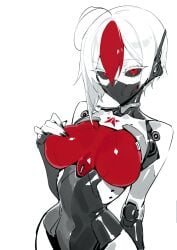 1girls ahoge arm_behind_head automaton_(helldivers) black_nails black_sclera boobplate breastplate breasts helldivers helldivers_2 huge_ahoge large_breasts looking_at_viewer mouth_mask navel red_eyes red_hair robot_ears robot_girl skin_tight slender_waist textless textless_version two_tone_hair virgin_and_neet white_eyelashes white_hair