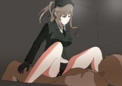 1boy aji_n beret breasts brown_eyes brown_hair censored clothed_female_nude_male clothed_sex cowgirl_position female female_on_top girls_und_panzer large_breasts mature_female milf panties panties_aside selection_university_military_uniform sex shimada_chiyo straight vaginal_penetration