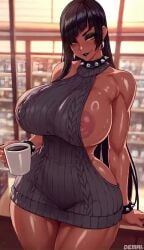 1girls ai_generated andressa_(coffee) areolae black_hair black_lips blush bottomless brassiere breasts coffee_cup dark-skinned_female dark_skin demai diagonal_bangs earrings eyelashes eyeshadow female framepack hair_over_one_eye inverted_nipples large_areolae looking_at_viewer makeup mascara nipple_slip nipples no_bra no_panties nose_blush original_character sideboob solo spiked_bracelet spiked_collar stable_diffusion straight_hair sweat sweater tagme video virgin_killer_sweater yellow_eyes