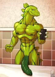 3_fingers abs anthro bathroom biceps big_penis cellphone dinosaur electronics extreme_dinosaurs fingers foreskin genitals green_body green_penis hi_res holding_object holding_phone huge_cock iudicium86 long_neck looking_at_viewer male mirror_selfie muscular muscular_male nipples ornithischian pecs penis phone prehistoric_species reptile scalie selfie smartphone solo stegosaurian stegosaurus stegz thyreophoran vein veiny_penis