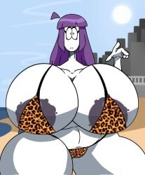1girls angelh96334 beach bikini female huge_breasts leopard_print leopard_print_bikini lila_(spooky_month) looking_at_viewer massive_boobs massive_breasts massive_tits milf purple_hair spooky_month thick_thighs