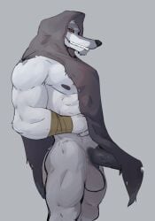 anthro arm_wrapping arm_wraps balls biceps big_balls big_penis black_nipples black_nose black_penis bodily_fluids bottomless canid canine canis casual_erection chin_tuft cloak clothed clothing darkened_genitalia darkened_penis death_(puss_in_boots) dreamworks erection erection_under_clothing facial_markings facial_tuft fur fuzzy genital_fluids genitals grey_background grey_body grey_fur grin head_markings hi_res hood hood_up humanoid_genitalia humanoid_penis jrjresq looking_at_viewer male mammal markings mask_(marking) mostly_nude muscular muscular_anthro muscular_male muscular_thighs narrowed_eyes nipples pecs penis poncho precum precum_through_clothing puss_in_boots_(franchise) red_eyes side_view simple_background smile solo standing tuft vein veiny_penis wet wet_clothing wolf wrapped_arms wraps