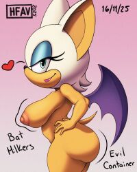 4:5 absurd_res anthro areola ass bat_wings big_breasts big_butt big_ears black_nose blue_eyeshadow breasts english_text evil_container eyelashes eyeshadow female fur gradient_background green_eyes h-fav hand_on_hip heart_symbol hi_res lipstick looking_at_viewer makeup membrane_(anatomy) membranous_wings meme nipples nude pink_areola pink_background pink_lipstick pink_nipples purple_wings rouge_the_bat sega short_stack side_view simple_background smile solo sonic_(series) sonic_the_hedgehog_(series) text thick_thighs white_body white_fur wide_hips wings