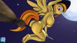 16:9 3d 4k 5_toes absurd_res anthro anthrofied ass big_breasts breasts broom broom_riding cleaning_tool clothing cutie_mark digital_media_(artwork) equid equine eyebrows eyelashes feathered_wings feathers feet female fingers flying friendship_is_magic halloween hasbro hat headgear headwear hi_res holidays humanoid_feet lips looking_at_viewer looking_back looking_back_at_viewer magic_user mammal moon my_little_pony mythological_creature mythological_equine mythology night nipples orange_eyes orange_hair orange_tail pegasus plantigrade pootanger_sfm smile solo source_filmmaker_(artwork) spitfire_(mlp) tail toes widescreen wings witch witch_hat wonderbolts_(mlp) yellow_body yellow_feathers yellow_skin