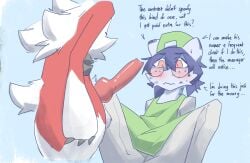 anatomically_correct anatomically_correct_genitalia anthro anthro_on_feral apron backwards_hat balls blue_body blue_fur blush canid claws clothed clothing duo duo_focus erection eyewear felid feral fur generation_7_pokemon genitals glasses glistening glistening_genitalia glistening_penis group hat headgear headwear hunched_over kemono knot leaning leaning_backward lycanroc male male/male mammal midnight_lycanroc nervous nintendo on_bottom pantherine penis pokemon pokemon_(species) round_glasses shen_(snepause) side_view simple_background sitting snepause snow_leopard white_body white_fur zoophilia