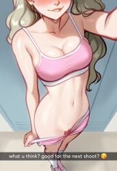 1girls ai_generated ann_takamaki atlus blonde_female blonde_hair clothed crimsoncurse face_out_of_frame female female female_only head_out_of_frame indoors legs lips locker_room navel partially_nude persona persona_5 persona_5_royal pink_bra pink_shorts pussy pussy_juice revealing_pussy selfie shorts shorts_down shorts_pull showing_off snapchat socks sports_bra sweat text text_box